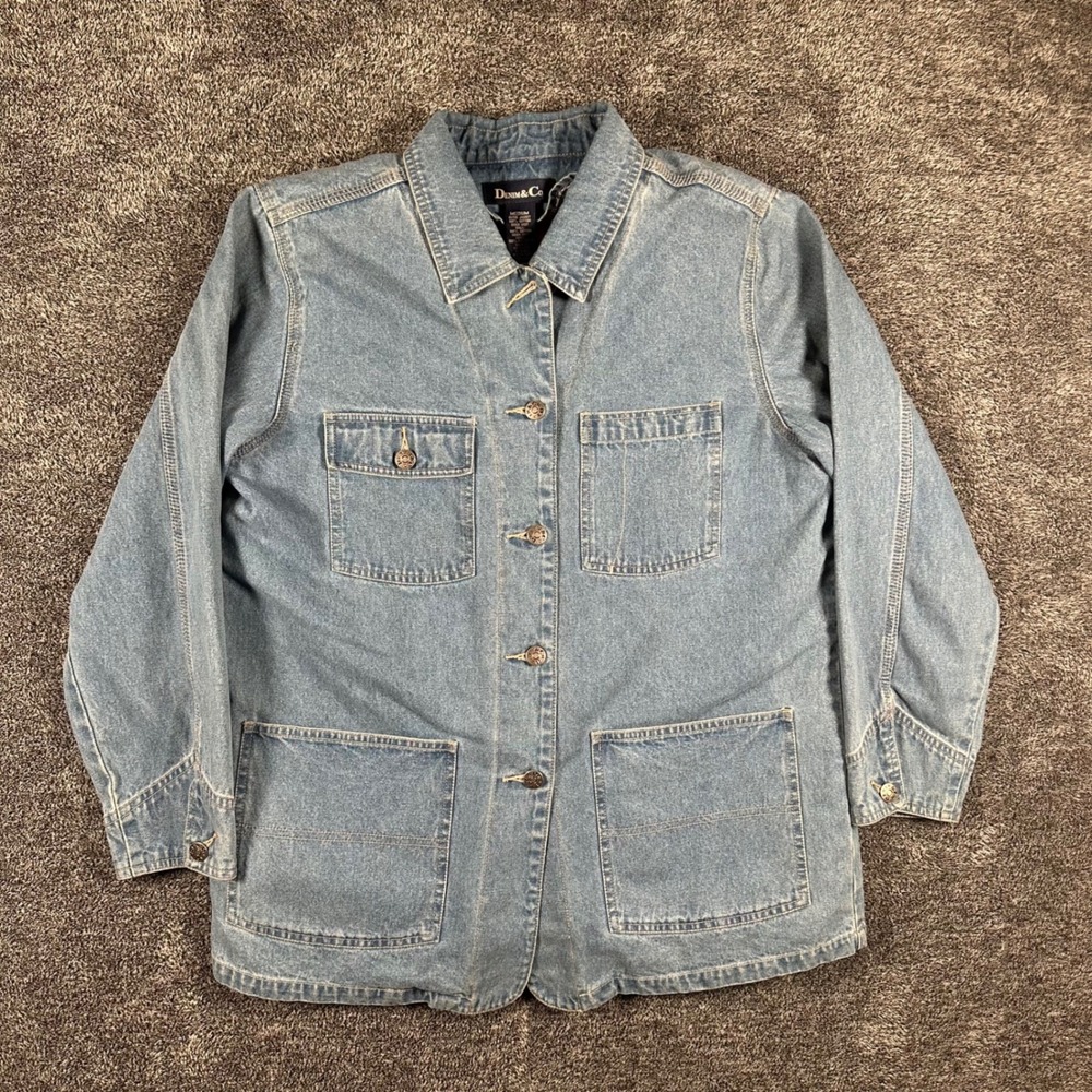 Denim & Co Jacket Womens Medium Blue Barn Chore Coat Plaid Lined A34087 Utility
